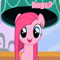 Size: 720x720 | Tagged: bronybait, caption, cropped, cute, cuteamena, derpibooru import, edit, edited screencap, hug, hug request, image macro, looking at you, open mouth, pinkamena diane pie, pinkie pie, pink text, safe, screencap, smiling, solo, the best night ever