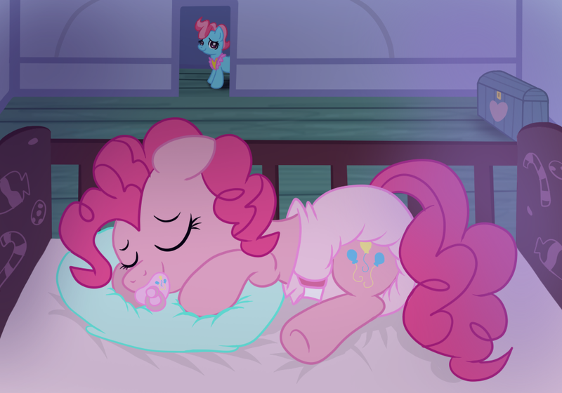 Size: 1000x700 | Tagged: adult foal, artist:fillyscoots42, crib, cup cake, cute, derpibooru import, diaper, diaper fetish, diapinkes, pacifier, pinkie pie, poofy diaper, questionable