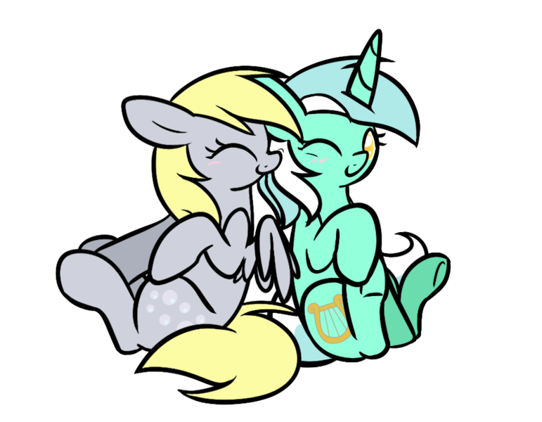 Size: 900x700 | Tagged: safe, artist:selective-yellow, derpibooru import, derpy hooves, lyra heartstrings, pegasus, pony, unicorn, blushing, boop, cute, cutie mark, duo, eyes closed, female, lesbian, lyraderp, mare, nuzzling, one eye closed, raised hoof, shipping, simple background, sitting, smiling, spread wings, transparent background, underhoof, vector, wings, wink