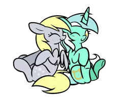 Size: 900x700 | Tagged: safe, artist:selective-yellow, derpibooru import, derpy hooves, lyra heartstrings, pegasus, pony, unicorn, blushing, boop, cute, cutie mark, duo, eyes closed, female, lesbian, lyraderp, mare, nuzzling, one eye closed, raised hoof, shipping, simple background, sitting, smiling, spread wings, transparent background, underhoof, vector, wings, wink