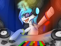 Size: 1700x1300 | Tagged: artist:kyroking, derpibooru import, headphones, safe, turntable, vinyl scratch