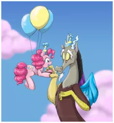 Size: 900x971 | Tagged: safe, artist:feujenny07, derpibooru import, discord, pinkie pie, draconequus, earth pony, pony, balloon, cupcake, female, hat, male, party hat, then watch her balloons lift her up to the sky