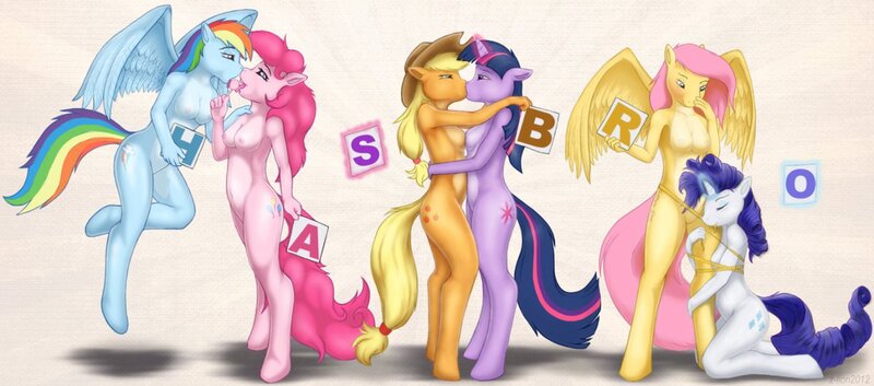 Size: 1280x564 | Tagged: questionable, artist:z-lion, derpibooru import, applejack, fluttershy, pinkie pie, rainbow dash, rarity, twilight sparkle, anthro, unguligrade anthro, bondage, breasts, female, flarity, hasbro, kissing, lesbian, lollipop, mane six, nipples, nudity, pale belly, pinkiedash, shipping, symmetrical docking, twijack