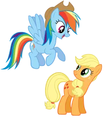 Size: 6000x6500 | Tagged: absurd resolution, accessory swap, applejack, artist:jlryan, derpibooru import, flying, rainbow dash, safe, simple background, transparent background, vector