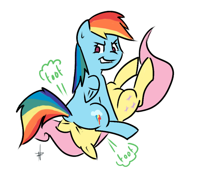 Size: 900x800 | Tagged: questionable, artist:ponchuzn, derpibooru import, fluttershy, rainbow dash, pegasus, pony, duo, evil grin, face fart, facesitting, fart, fart noise, female, females only, flutterseat, frown, grin, lying, mare, mean, nonconsensual, on back, onomatopoeia, simple background, sitting, sitting on someone, smiling, white background