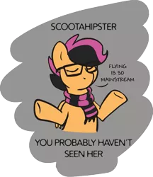 Size: 691x800 | Tagged: safe, artist:pippy, derpibooru import, scootaloo, pegasus, pony, clothes, eyes closed, glasses, hipster, hipsterloo, scarf, text