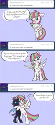 Size: 640x1437 | Tagged: safe, artist:indiefoxtail, derpibooru import, blossomforth, changeling, pony, ask blossomforth, ask, bipedal, blushing, comic, covering, cute, eyes closed, hug, open mouth, pretty, raised eyebrow, raised hoof, smiling, spread wings, tumblr, wing hands