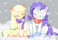 Size: 813x557 | Tagged: safe, artist:colorlesscupcake, derpibooru import, applejack, rarity, clothes, female, lesbian, rarijack, scarf, shipping