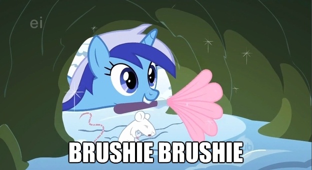 Size: 624x341 | Tagged: brushie, caption, cute, derpibooru import, duster, edit, edited screencap, ei, hub logo, image macro, minuette, mouse, mouth hold, safe, screencap, winter wrap up