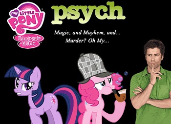 Size: 350x254 | Tagged: crossover, derpibooru import, fanfic, fanfic art, fanfic cover, magic, magic and mayhem and... murder? oh my..., my little pony logo, pinkie pie, psych, safe, shawn spencer, twilight sparkle, upset