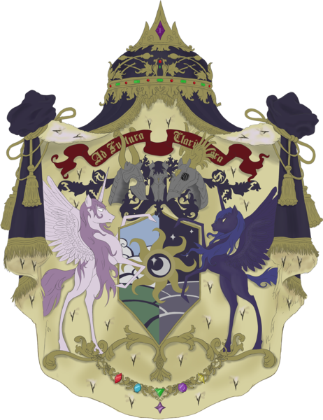 Size: 2000x2596 | Tagged: safe, artist:whatthescoots, derpibooru import, princess celestia, princess luna, alicorn, pony, coat of arms, contrast, crest, female, heraldry, high res, mare, motto, simple background, supporters, transparent background