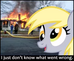 Size: 508x418 | Tagged: safe, artist:durpy, derpibooru import, derpy hooves, pony, disaster girl, fire, irl, meme, photo, ponies in real life, vector