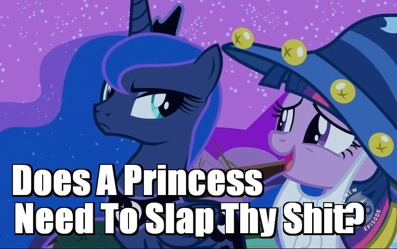 Size: 828x521 | Tagged: clothes, costume, derpibooru import, duo, edit, edited screencap, hub logo, image macro, luna eclipsed, nightmare night costume, princess luna, safe, screencap, star swirl the bearded costume, twilight sparkle