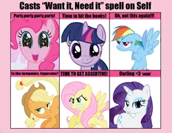 Size: 850x655 | Tagged: 6 pony meme, applejack, derpibooru import, exploitable meme, fluttershy, mane six, meme, pinkie pie, rainbow dash, rarity, stupid sexy applejack, suggestive, twilight sparkle, want it need it