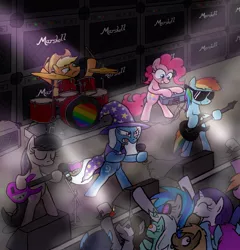 Size: 1471x1532 | Tagged: safe, artist:paper-pony, derpibooru import, applejack, lyra heartstrings, octavia melody, pinkie pie, rainbow dash, rarity, trixie, vinyl scratch, pony, bipedal, concert, drums, guitar, keyboard, microphone, music, musical instrument, stage, sunglasses