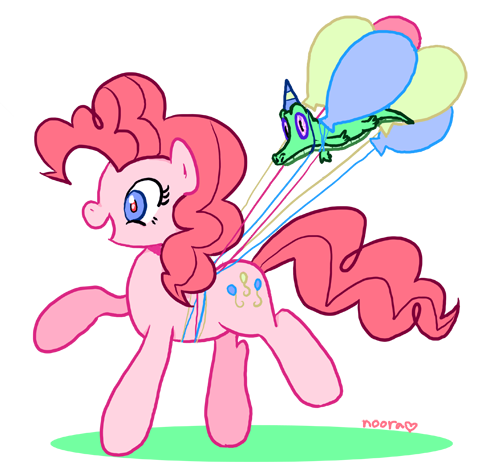 Size: 488x472 | Tagged: safe, artist:fyrebeam, derpibooru import, gummy, pinkie pie, balloon, happy, hat, party hat