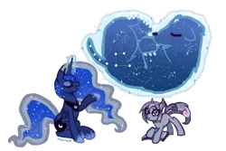 Size: 900x600 | Tagged: safe, artist:fyrebeam, derpibooru import, princess luna, oc, ursa minor, book, constellation, ethereal mane, galaxy mane, glowing horn, magic, telekinesis