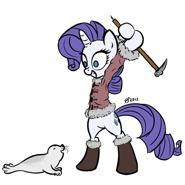 Size: 1024x1024 | Tagged: semi-grimdark, artist:derkrazykraut, derpibooru import, rarity, pony, seal, baby seals, bipedal, clothes, coat, crazy face, dark comedy, faic, grin, hakapik, happy, shoes, smiling, winter outfit