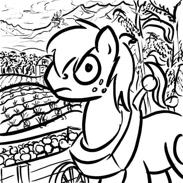 Size: 1024x1024 | Tagged: safe, artist:derkrazykraut, derpibooru import, big macintosh, earth pony, pony, barn, canterlot castle, cart, cloud, corn, farm, male, shocked, stallion