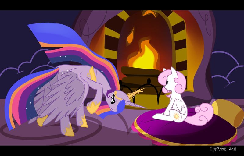 Size: 2500x1600 | Tagged: safe, artist:dotrock, artist:dotrook, derpibooru import, princess celestia, princess twilight 2.0, twilight sparkle, twilight sparkle (alicorn), pony, fanfic:sunset, bowing, duo, ethereal mane, fanfic art, female, filly, fire, fireplace, mare, older twilight, race swap, role reversal, sunset, ultimate twilight