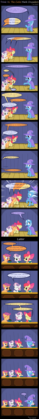 Size: 1500x16000 | Tagged: safe, artist:evil-dec0y, derpibooru import, apple bloom, scootaloo, sweetie belle, trixie, earth pony, pegasus, pony, unicorn, comic:trixie vs., cape, clothes, comic, cutie mark crusaders, eating, eating contest, female, filly, hat, ice cream, mare, spoon, stage, trixie's cape, trixie's hat