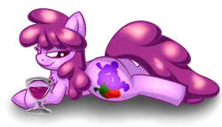 Size: 3500x2000 | Tagged: safe, artist:goldenmercurydragon, derpibooru import, berry punch, berryshine, earth pony, pony, alcohol, chest fluff, drink, female, glass, high res, lidded eyes, looking at you, mare, prone, simple background, solo, transparent background, wine, wine glass