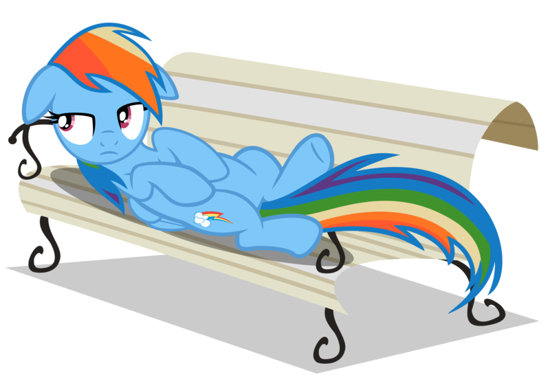 Size: 2000x1372 | Tagged: artist:clitical-hit, bench, dead source, derpibooru import, eyeroll, floppy ears, lesson zero, lying down, on back, rainbow dash, safe, simple background, solo, transparent background, vector