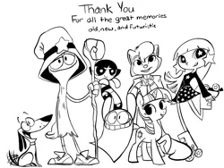 Size: 1024x771 | Tagged: safe, artist:briskby, derpibooru import, twilight sparkle, black and white, bloo (foster's), blooregard q kazoo, buttercup, buttercup (powerpuff girls), cats don't dance, crossover, crossover nexus, foster's home for imaginary friends, grayscale, image, milky way and the galaxy girls, monochrome, png, sawyer, the powerpuff girls, two stupid dogs, wander (wander over yonder), wander over yonder