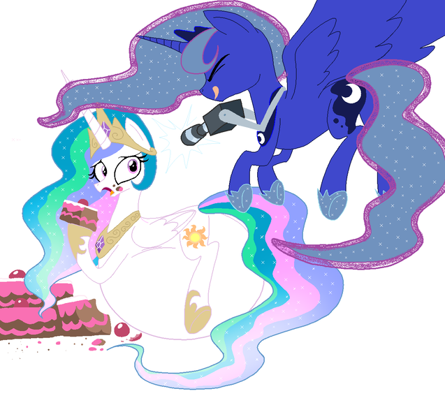 Size: 1239x1167 | Tagged: artist needed, belly, cake, cakelestia, camera, chubbylestia, derpibooru import, fat, impossibly large belly, princess celestia, princess luna, safe, stuffed, stuffing