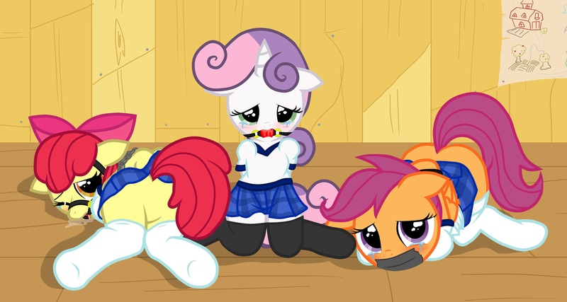 Size: 3507x1874 | Tagged: suggestive, artist:pyruvate, derpibooru import, apple bloom, scootaloo, sweetie belle, ballgag, bloom butt, bloomsub, blushing, bondage, butt, clothes, clubhouse, crusaders clubhouse, crying, cutie mark crusaders, drool, featureless crotch, female, femsub, foalcon, frown, gag, image, implied rape, jpeg, ring gag, sad, schoolgirl, school uniform, scootasub, skirt, stockings, submissive, sweetiesub, upskirt