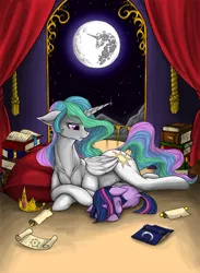 Size: 598x819 | Tagged: safe, artist:longinius, derpibooru import, princess celestia, twilight sparkle, alicorn, pony, unicorn, banished, book, crying, curtains, depressedia, duo, eyes closed, female, filly, filly twilight sparkle, mare, mare in the moon, moon, scroll, sleeping, younger