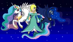 Size: 1900x1100 | Tagged: artist:koopa-master, crossover, derpibooru import, floating, flying, human, princess celestia, princess luna, rosalina, safe, space, stars, super mario bros., super mario galaxy