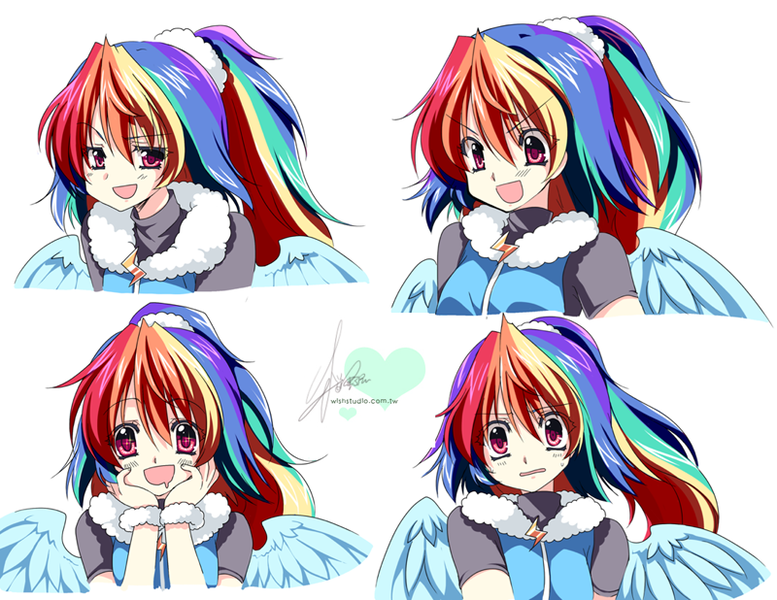 Size: 800x618 | Tagged: safe, artist:sakuranoruu, derpibooru import, rainbow dash, human, alternate hairstyle, anime, bust, cute, dashabetes, humanized, moe, open mouth, ponytail, simple background, solo, white background, winged humanization