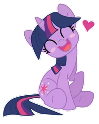 Size: 914x1145 | Tagged: dead source, safe, artist:feyrah, derpibooru import, twilight sparkle, pony, unicorn, blush sticker, blushing, cute, eyes closed, happy, head tilt, heart, open mouth, raised hoof, simple background, sitting, smiling, solo, transparent background, twiabetes