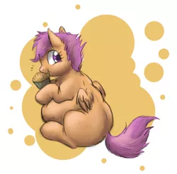 Size: 600x587 | Tagged: artist:defenceless, chubby, cupcake, derpibooru import, fat, safe, scootalard, scootaloo, stuffed