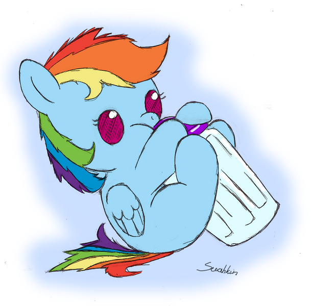 Size: 1229x1207 | Tagged: safe, artist:suahkin, derpibooru import, rainbow dash, pony, baby, baby pony, bottle, filly, foal