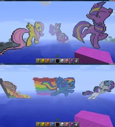 Size: 1920x2102 | Tagged: safe, derpibooru import, applejack, fluttershy, pinkie pie, rainbow dash, rarity, twilight sparkle, earth pony, pegasus, pony, unicorn, female, filly rarity, game screencap, mane six, mare, minecraft, minecraft pixel art, pixel art, rainbow trail, sleeping, speed trail, twilight glitter, unicorn twilight