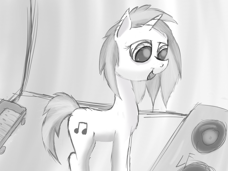 Size: 1600x1200 | Tagged: artist:flashiest lightning, black and white, derpibooru import, grayscale, music, safe, sketch, vinyl scratch