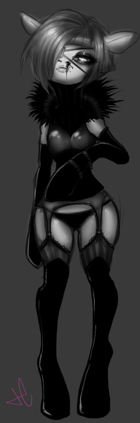 Size: 442x1336 | Tagged: anthro, breasts, clothes, derpibooru import, eyepatch, gloves, lingerie, nosebleed, oc, panties, questionable, stockings, underwear, unofficial characters only, wide hips