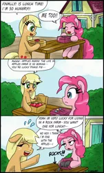 Size: 1919x3186 | Tagged: applejack, artist:ciriliko, comic, complaining, creeper, derpibooru import, female, filly, filly applejack, filly pinkie pie, lidded eyes, lunch, pinkie pie, rock, safe, unexpected, younger