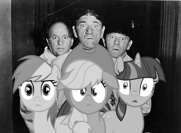 Size: 725x530 | Tagged: safe, derpibooru import, applejack, rainbow dash, twilight sparkle, pony, black and white, grayscale, larry fine, moe howard, photo, shemp howard, stare, the three stooges