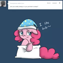 Size: 1000x1000 | Tagged: artist:maplesunrise, ask, ask snuggle pie, cute, derpibooru import, diapinkes, floppy ears, hat, nightcap, pillow, pinkie pie, safe, solo, tumblr