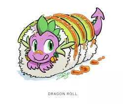 Size: 800x678 | Tagged: safe, artist:zhivagooo, derpibooru import, spike, avocado, cute, dragon roll, food, licking lips, pun, smiling, solo, spikabetes, sushi, sushi pony, tongue out, visual pun