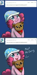 Size: 1000x2004 | Tagged: artist:maplesunrise, ask, ask snuggle pie, cute, derpibooru import, dialogue, diapinkes, hat, nightcap, open mouth, pinkie pie, safe, solo, teddy bear, tumblr