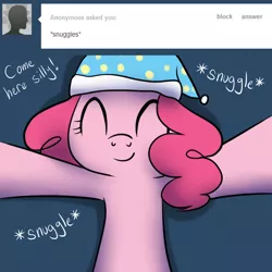 Size: 1000x1000 | Tagged: artist:maplesunrise, ask, ask snuggle pie, cute, derpibooru import, diapinkes, eyes closed, hat, nightcap, offscreen character, pinkie pie, pov, safe, snuggling, solo, tumblr