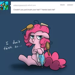 Size: 1000x1000 | Tagged: artist:maplesunrise, ask, ask snuggle pie, brush, comb, cute, derpibooru import, diapinkes, hat, messy mane, nightcap, pinkie pie, safe, solo, stuck, tumblr