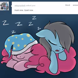 Size: 1000x1000 | Tagged: artist:maplesunrise, ask, ask grey dash, ask snuggle pie, derpibooru import, hat, nightcap, pinkie pie, rainbow dash, safe, sleeping, snuggling, tumblr, zzz