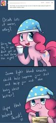 Size: 1000x2195 | Tagged: artist:maplesunrise, ask, ask snuggle pie, chips, derpibooru import, hat, nightcap, pinkie pie, safe, solo, tumblr, water