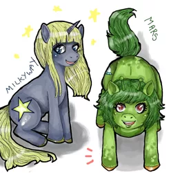 Size: 600x613 | Tagged: safe, artist:superlucky13, derpibooru import, ponified, earth pony, pony, unicorn, antennae, duo, female, mare, mars (milky way and the galaxy girls), milky way (milky way and the galaxy girls), milky way and the galaxy girls, unshorn fetlocks