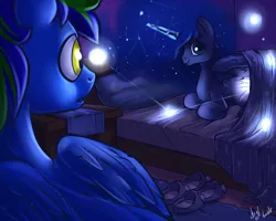 Size: 1250x1000 | Tagged: safe, artist:atryl, derpibooru import, princess luna, oc, pegasus, pony, :o, bed, bedroom, canon x oc, clothes, dark, female, magic, male, missing accessory, open mouth, prone, shipping, slippers, smiling, spread wings, straight, wide eyes